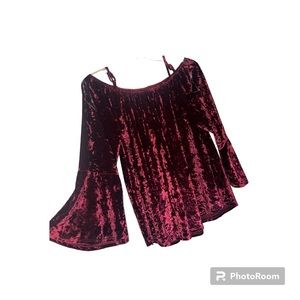 No boundaries red velvet off the shoulder bell sleeve blouse